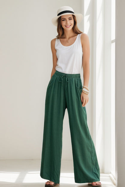 Linen Cotton Wide Leg Pants - Elastic Waist Side Pockets 6 Colors | Xiaolizi 2879