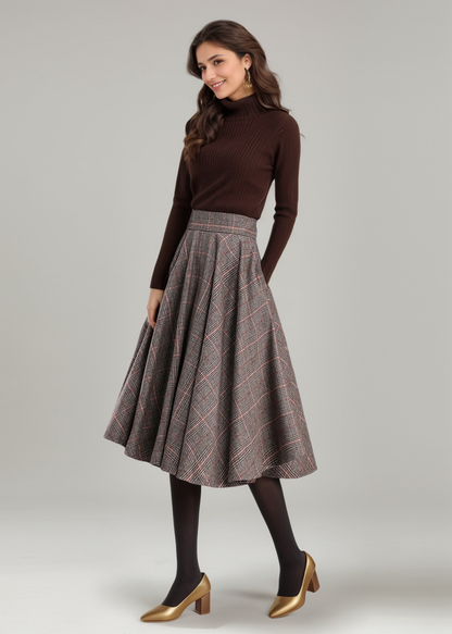 Wool Blend Plaid Skirt – A-Line Pleated Midi Skirt with Back Zipper 3167