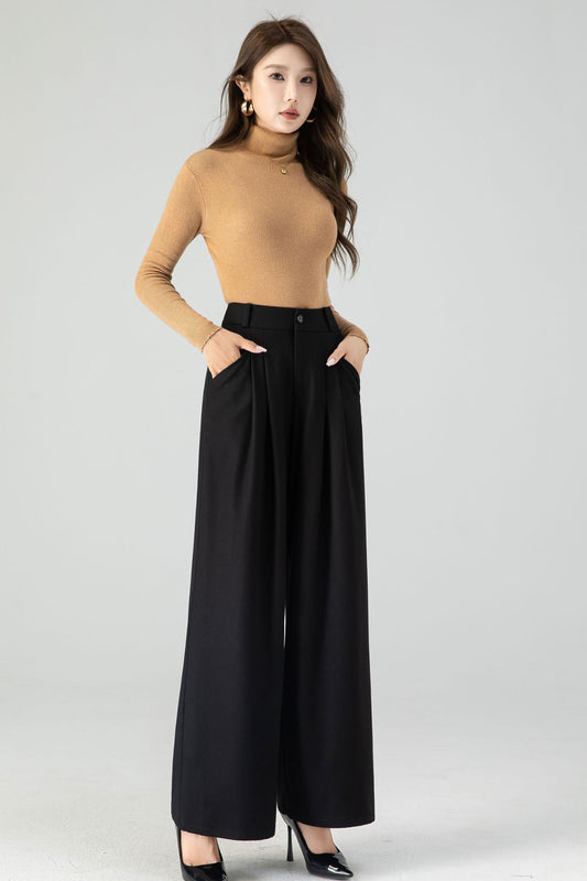 Black wide leg long wool pants women 4555