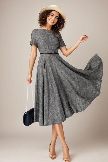 Vintage Summer Linen Midi Dress – Fit and Flare Garden Party Dress 5068