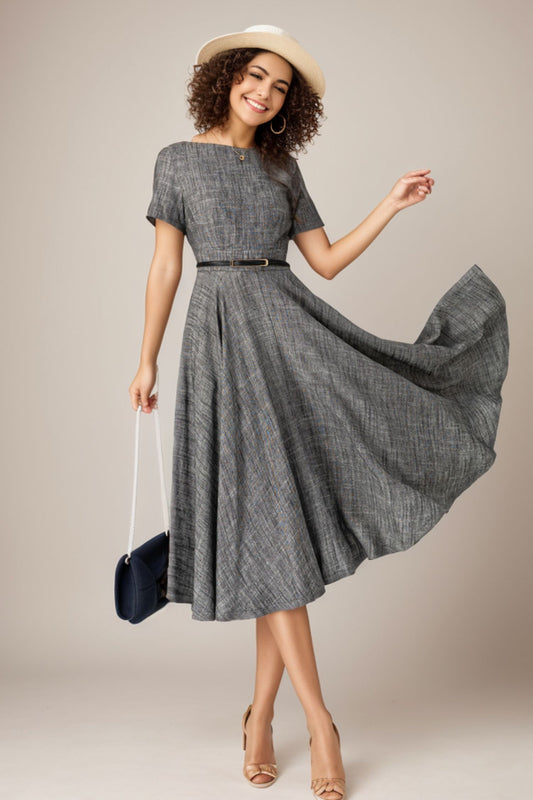 Vintage Summer Linen Midi Dress – Fit and Flare Garden Party Dress 5068