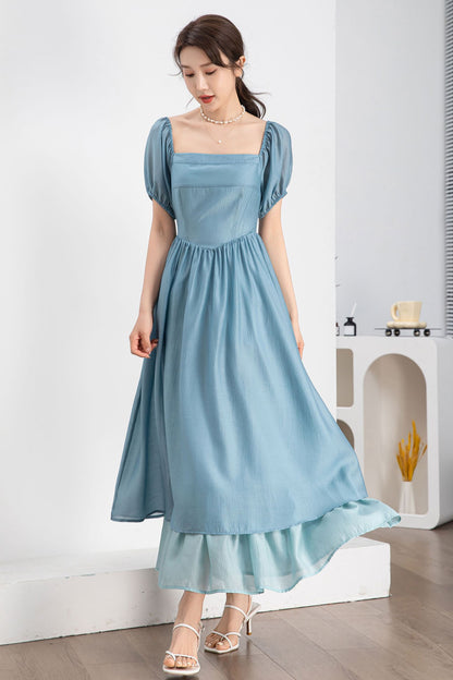 Light Blue Terylene Midi Dress - Square Neckline & Puff Sleeves 4244