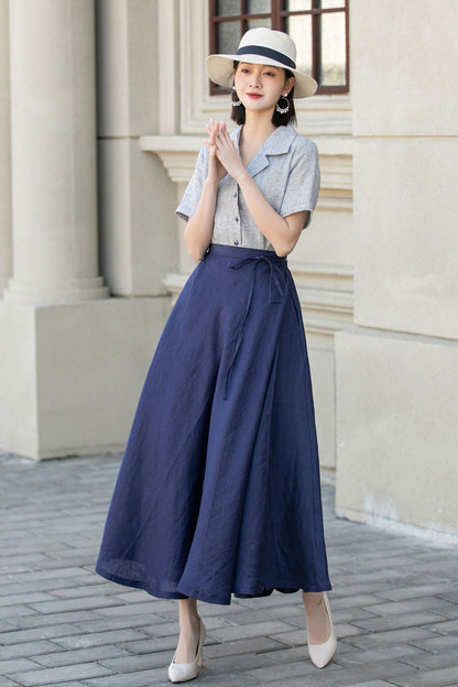 Light Grey Linen Blouse - Short Sleeve, Button-Up Shirt 4920