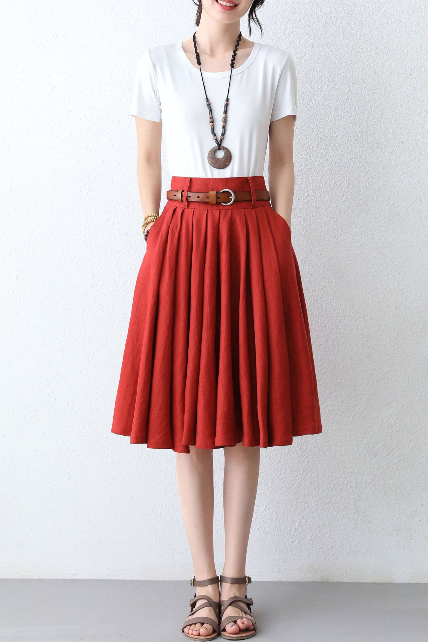 High waist pleated a line linen summer skirt 2889