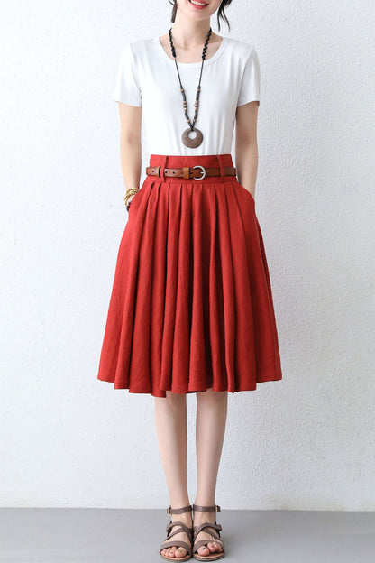 Red Linen A-Line Pleated Skirt - High Waist, Knee Length 2889