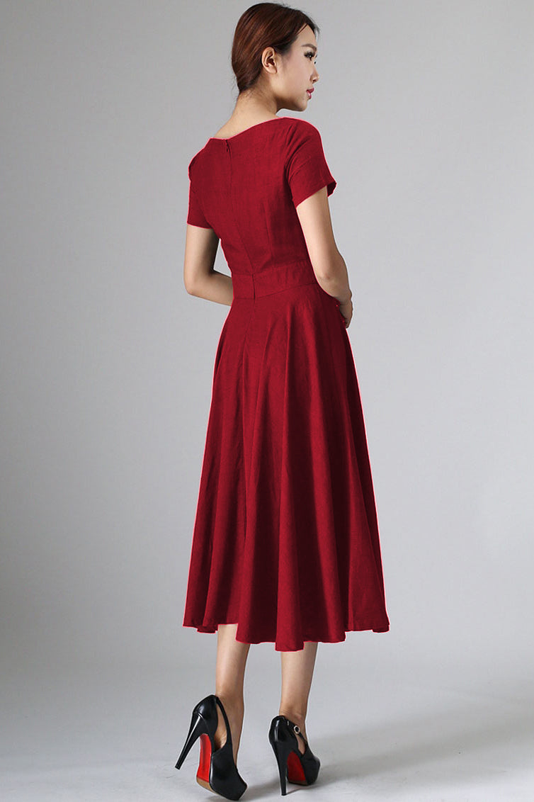 Xiaolizi Red Linen Midi Dress – Vintage Boat Neck Fit and Flare Dress 6284