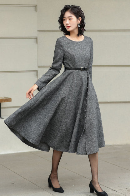 Grey Wool Midi Dress - Elegant A-Line Fit with Button Detail 6423