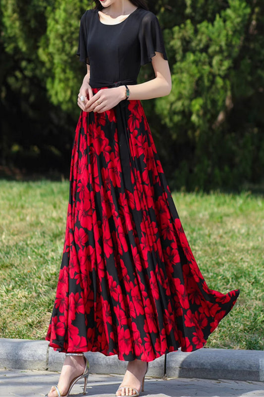 Black and red floral printed midi chiffon dress 5081