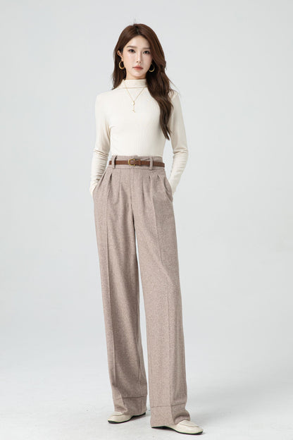 Handmade Beige Wool Wide-Leg Pants – Vintage High-Waist Winter Trousers | Xiaolizi 5324