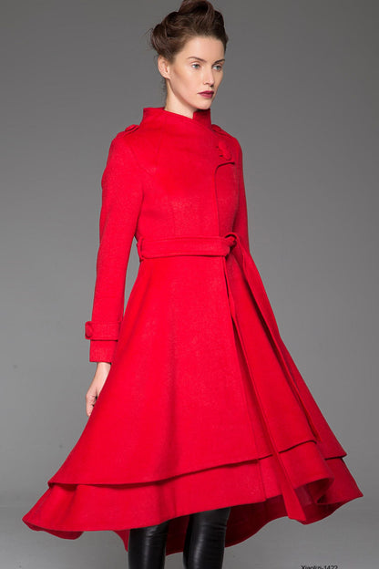 Red Wool Coat Maxi - Asymmetrical Layered Hem & Self-Tie Waist 1422