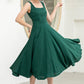 Stylish Deep Green A-Line Linen Suspender Dress with Square Neckline 5860