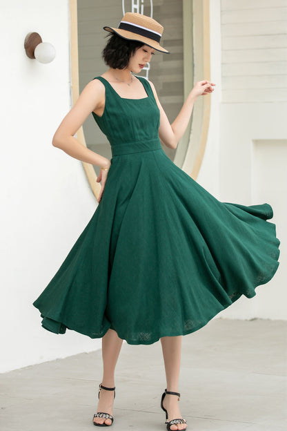 Green Linen Cotton Midi Dress - A-Line Square Neck Pockets | Xiaolizi 5860