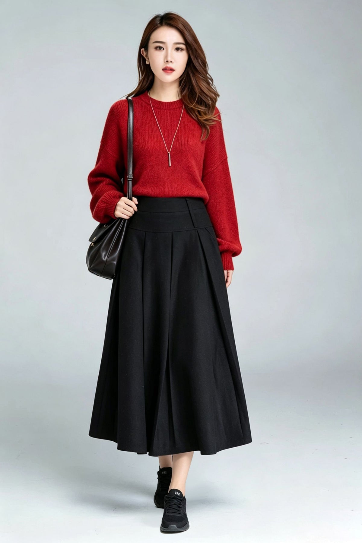 Black Wool Pleated Midi Skirt-High Waist A-Line Long Skirt for Women 7011