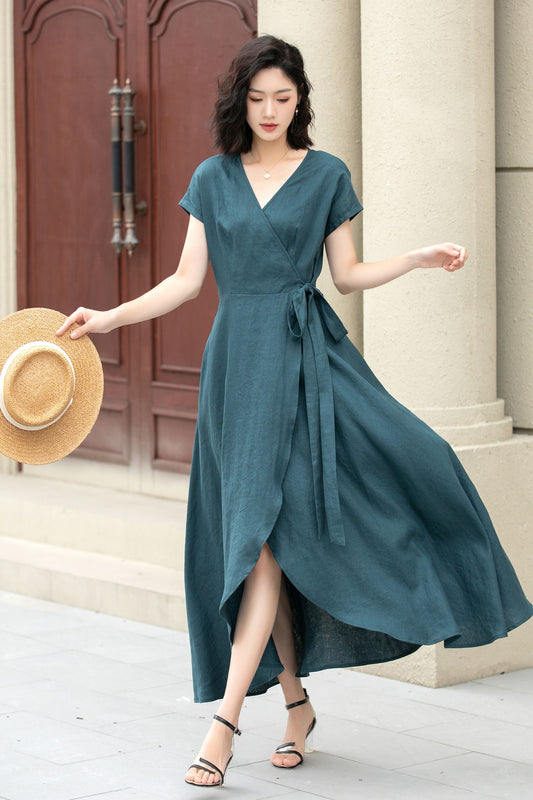 Short sleeve Green Linen Wrap dress 5142