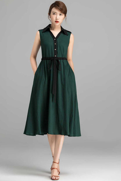 Green Linen Cotton Dress - Sleeveless Button-Down Midi | Xiaolizi 2362