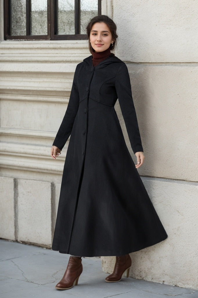 Black Wool Hooded Coat Vintage Maxi Overcoat for Women 1839 Gray / XS Black Wool Hooded Coat Vintage Maxi Overcoat for Women 1839 Gray / XS
