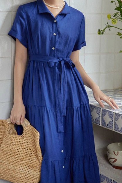 Navy Blue Linen Shirt Dress - Tiered Skirt with Tie Belt Waist 4844