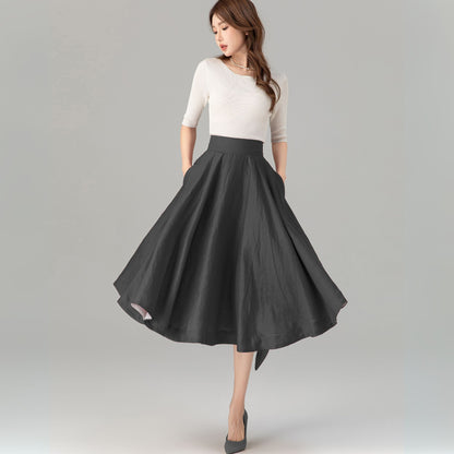 Grey Linen Midi Skirt - High Waist Flared Circle Swing | Xiaolizi 5728