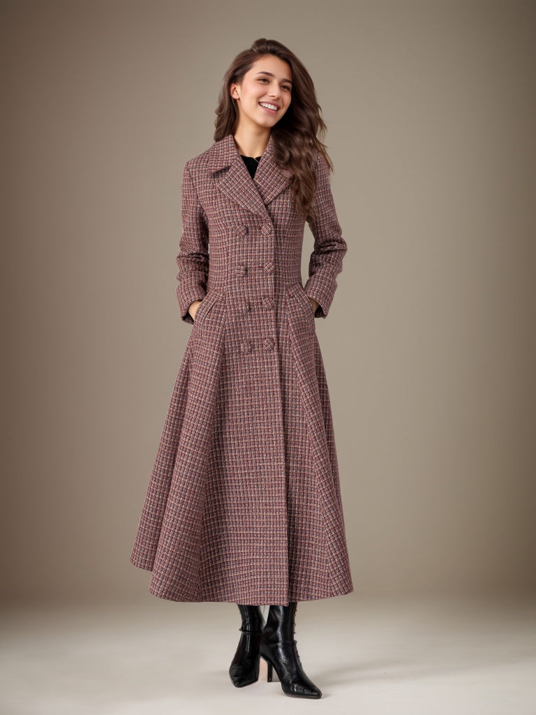 Vintage brown-red plaid long wool coat for winter