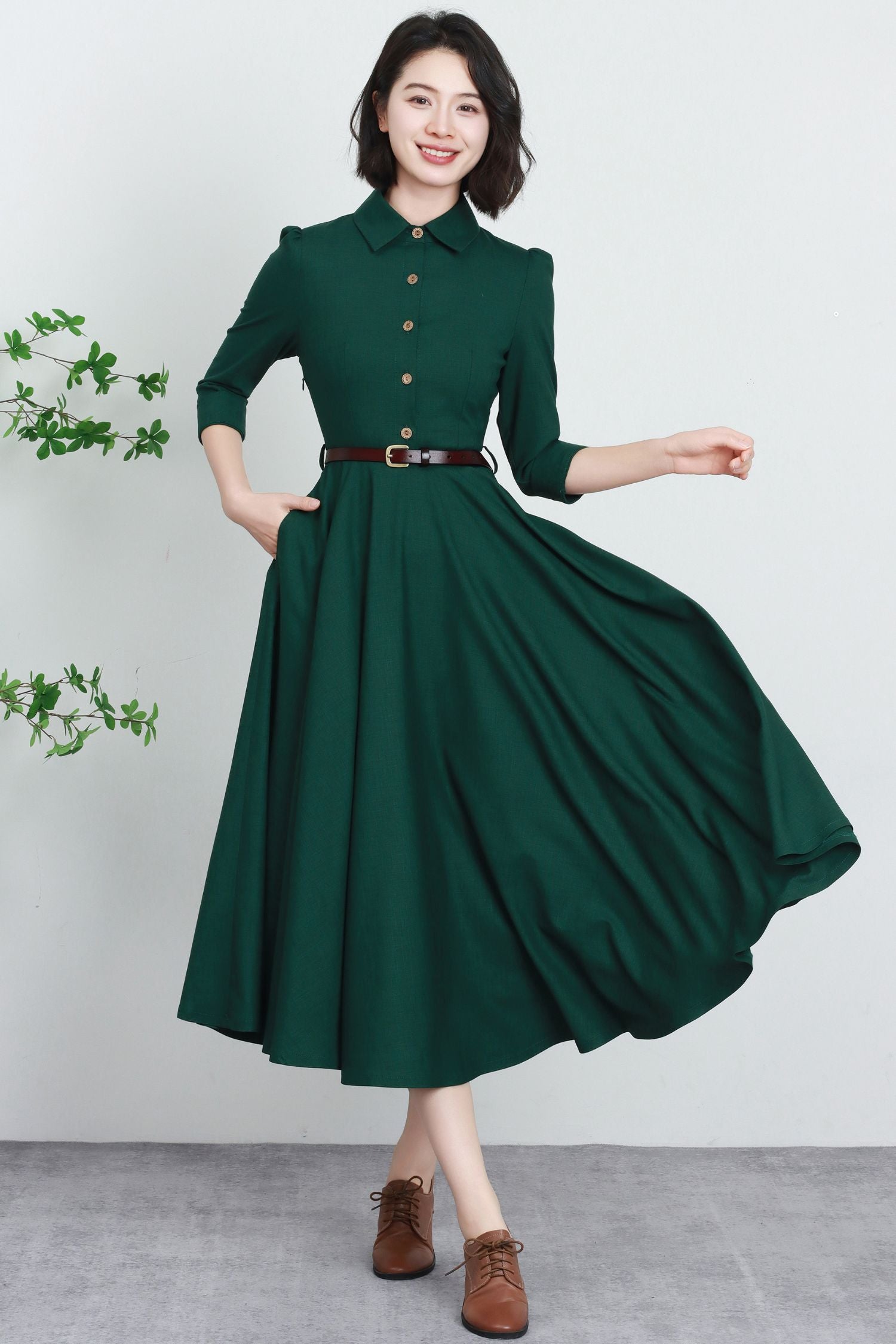 Vintage-Inspired A-Line dress with Button up 5735 - Green / XS Vintage-Inspired A-Line dress with Button up 5735 - Green / XS