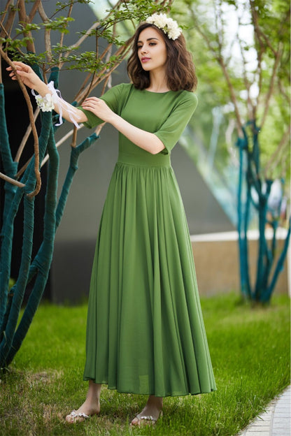 Green Chiffon Maxi Dress - Swing Fit Half Sleeve | Xiaolizi 5821
