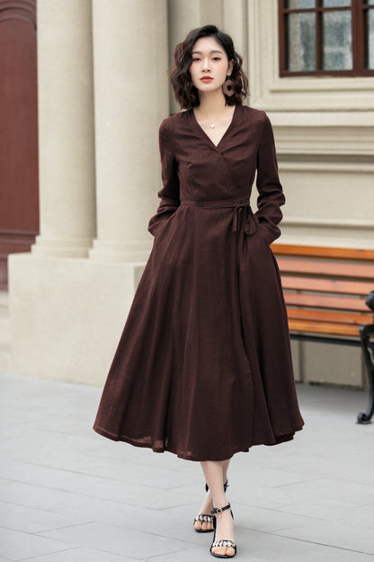 Brown Linen Wrap Midi Dress - Fit and Flare, V-Neck Silhouette 6285