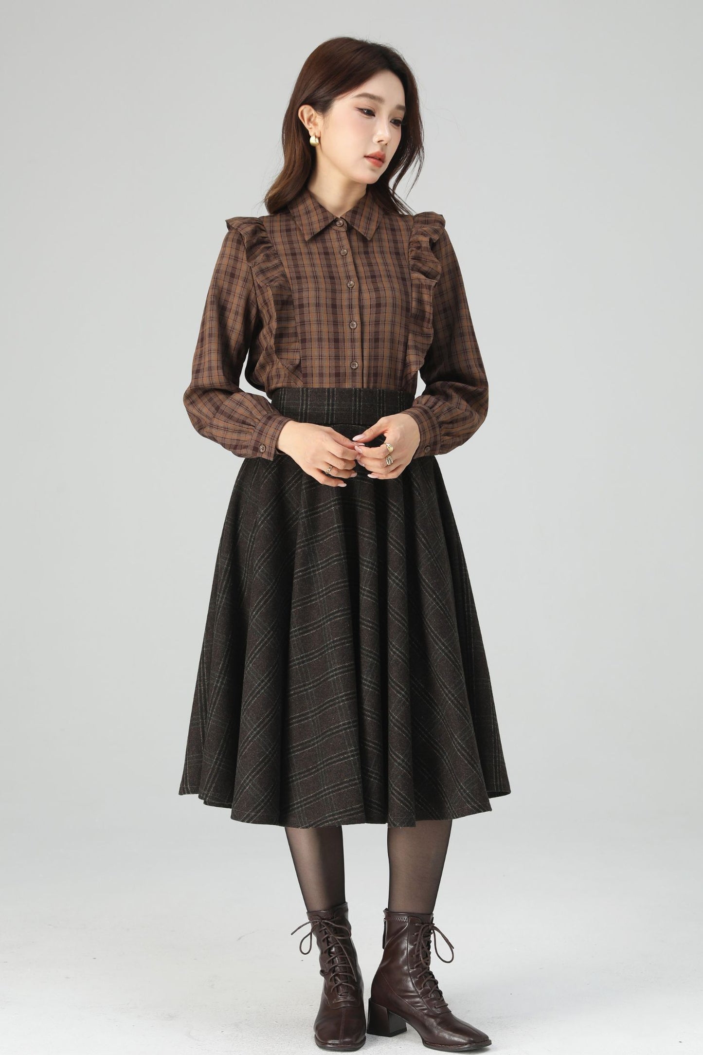 Brown Polyester Plaid Shirt - Relaxed Fit with Scalloped Details 6399