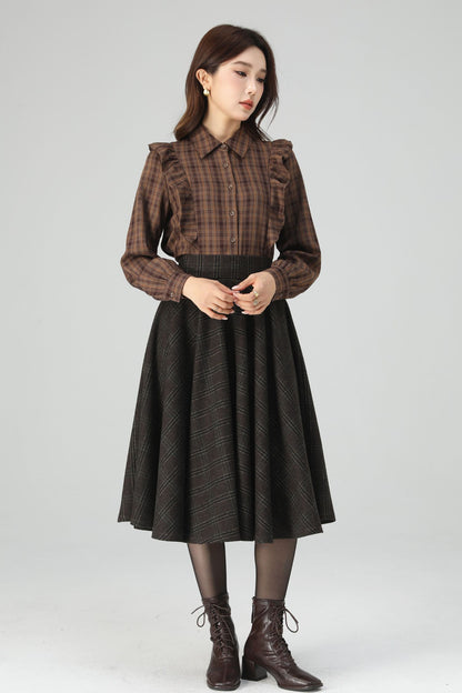 Brown Polyester Plaid Shirt - Relaxed Fit with Scalloped Details 6399