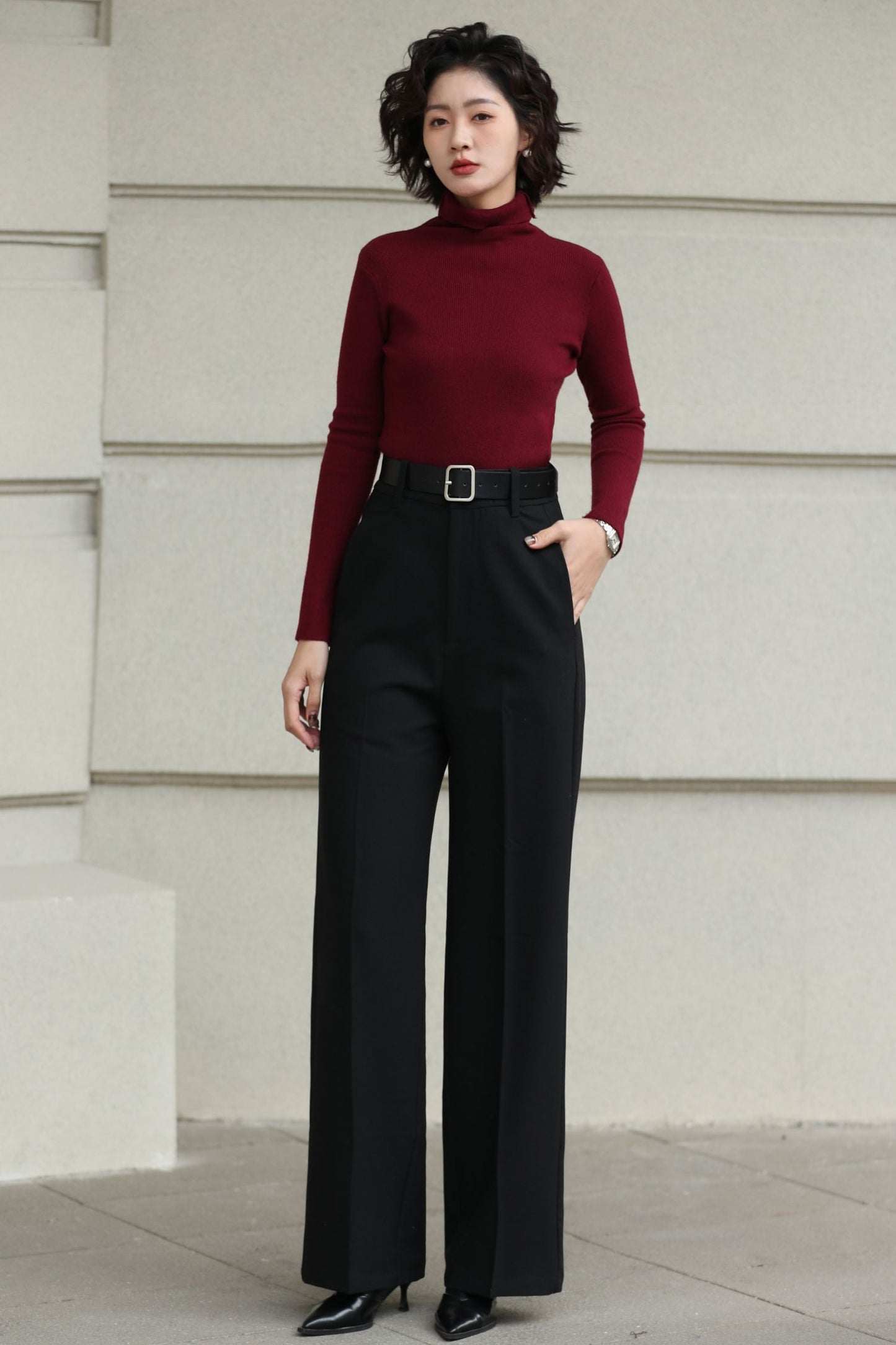 Handmade Vintage Wool Pants – Black High Waist Wide Leg Winter Trousers 6620