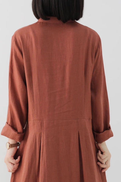Long sleeves spring linen dress women 4826