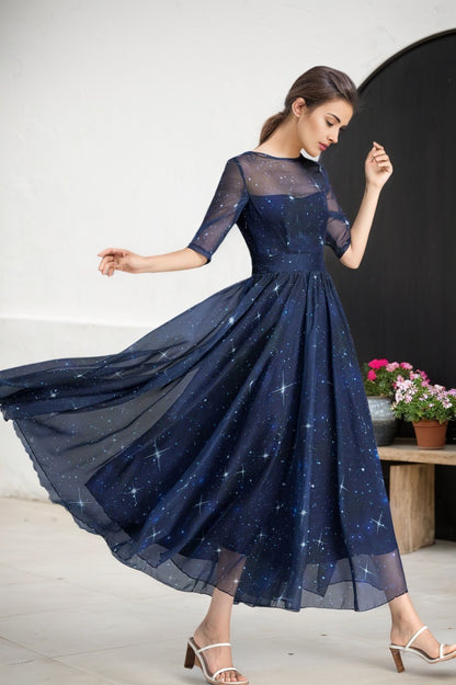 Summer Women Blue Starry Sky Swing Chiffon Midi Dress 2353#