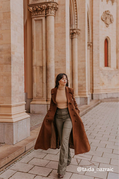 Brown Wool A-Line Trench Coat - Double Breasted Maxi | Xiaolizi 4142