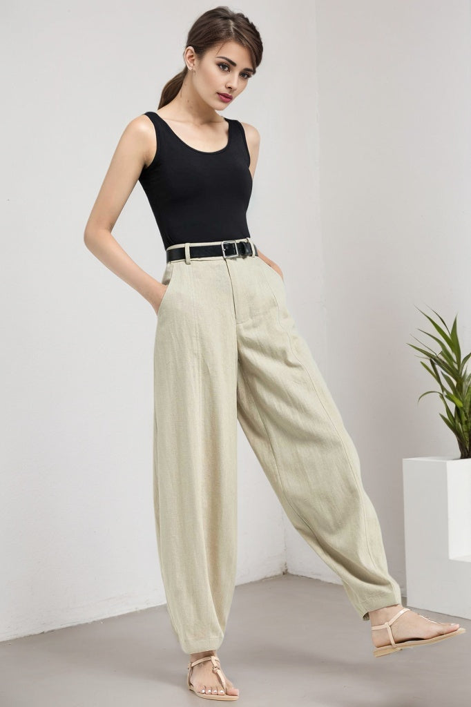 Beige Linen Blend Wide Leg Pants - High Waist, Ankle Length 5907