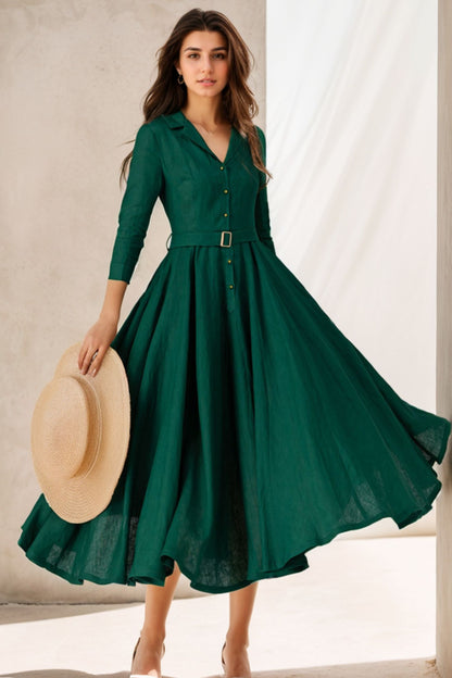 1950s Green Linen Shirt Dress – Women’s Midi Belted Summer Dress 5127