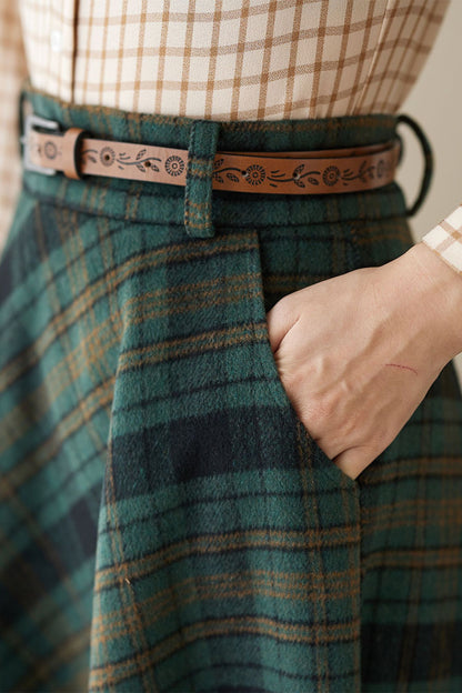 Green Wool Maxi Skirt - Plaid Flared Ankle-Length 4621