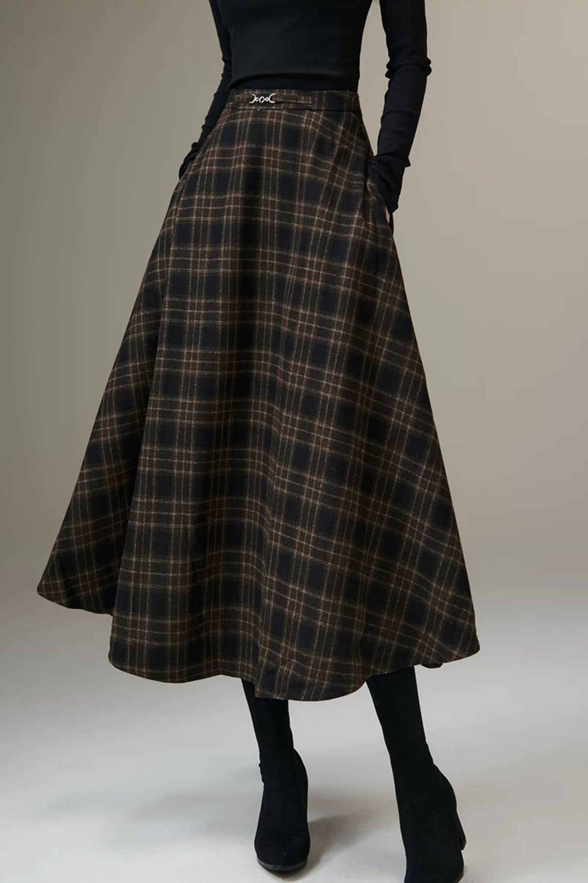 Brown Plaid Wool Blend Midi Skirt - Vintage A-Line women Skirt Winter 7020