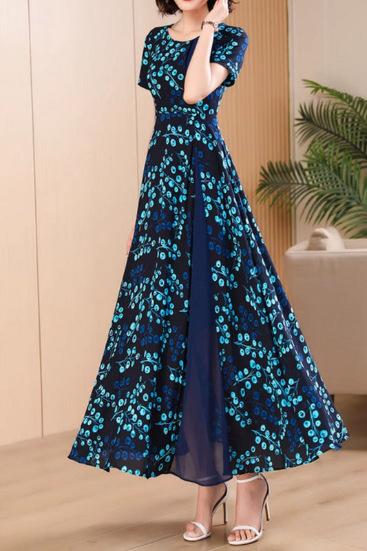 Blue flower printed maxi prom chiffon dress 5056