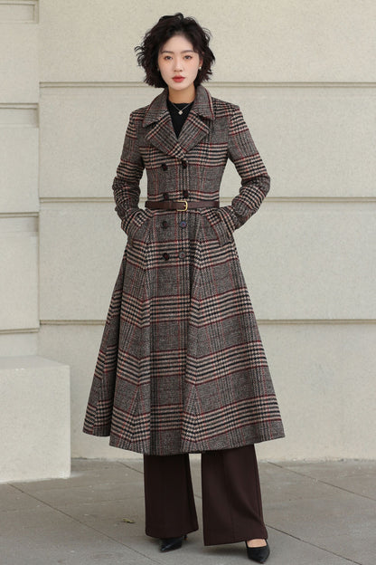 Plaid Wool Coat - Vintage Inspired Fit and Flare Long Double Breasted 6529