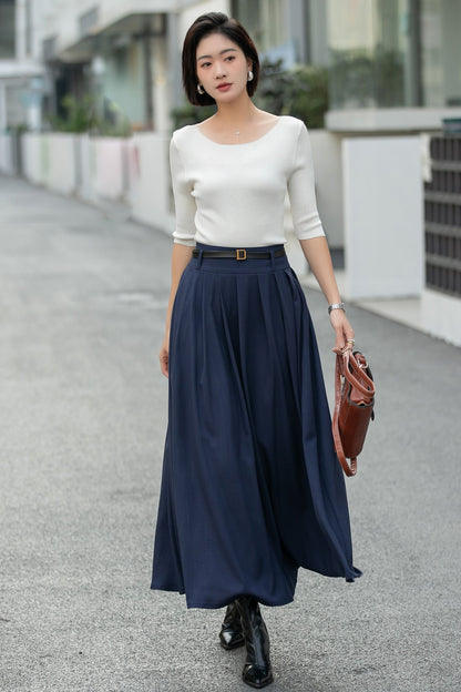 Navy Pleated Maxi Skirt – High Waist A-Line Work Skirt with Pockets 6663 -Size xs #CK2600017