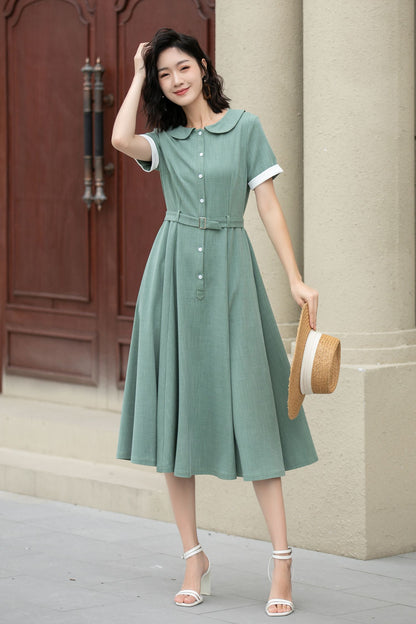 Green Linen Cotton Midi Dress – Vintage Belted Summer Shirt Dress 5148