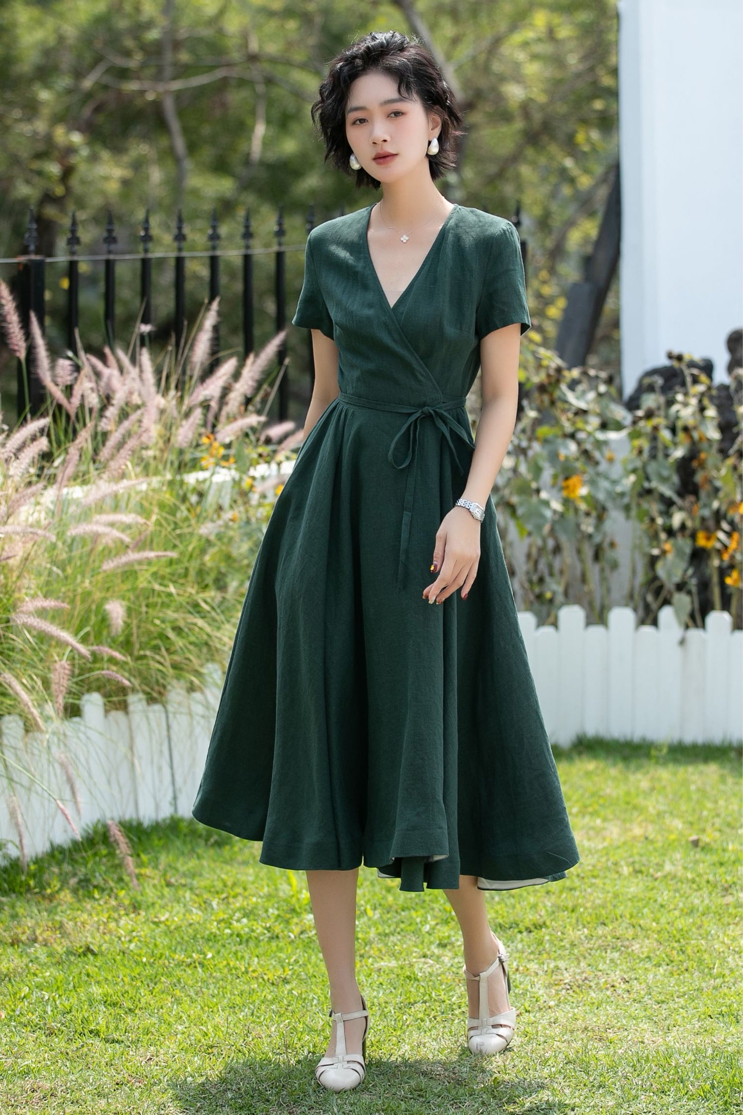 V-Neck Linen Fit and Flare Midi Dress | Xiaolizi 6739 - Size XS #CK2600280