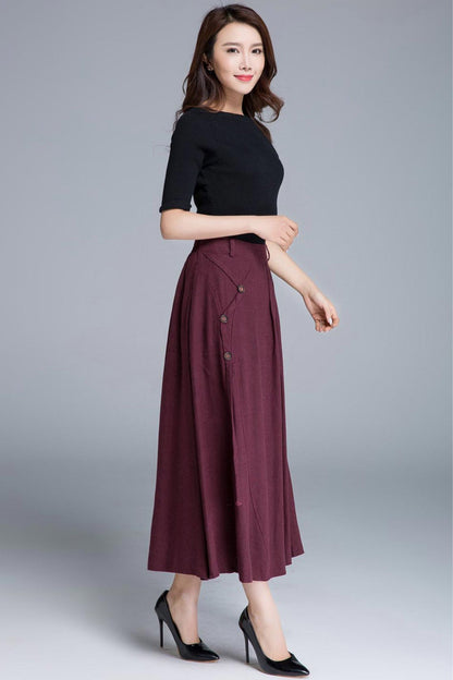 Feminine Burgundy Linen Maxi Skirt – High-Waist A-Line Buttons – 1672