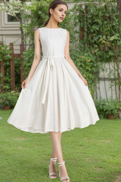 White Linen Fit and Flare Dress – Vintage Sleeveless Midi with Belt 6625