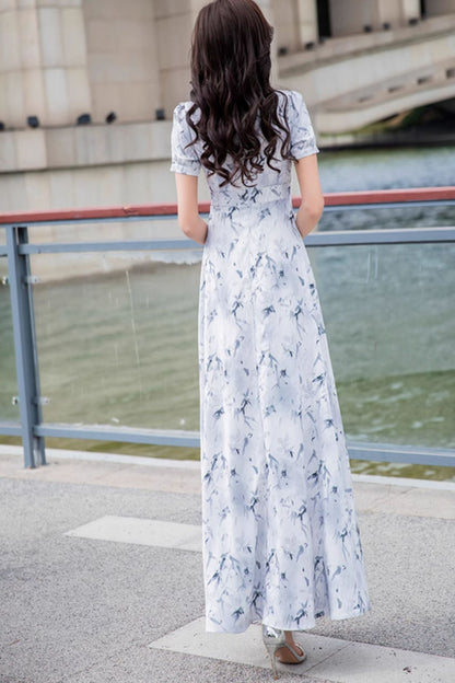 White Polyester Maxi Dress - A-Line Fit with V-Neckline 5033