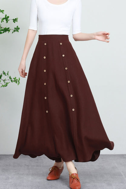 Brown Linen Maxi Skirt - Flowing Button Front with Elastic Waist 5733