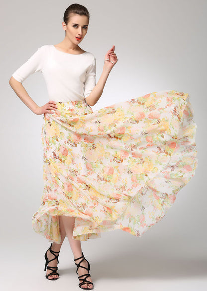 Floral Chiffon Maxi Skirt with Elastic Waist | Xiaolizi 1275