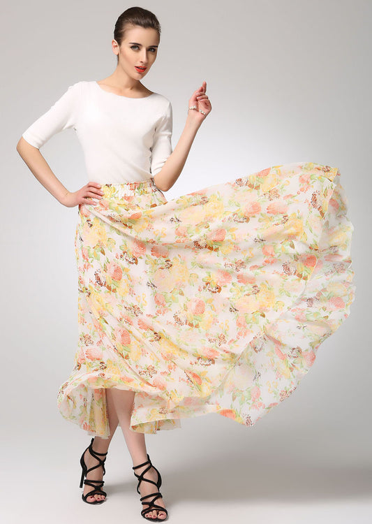 Floral Chiffon Maxi Skirt with Elastic Waist | Xiaolizi 1275