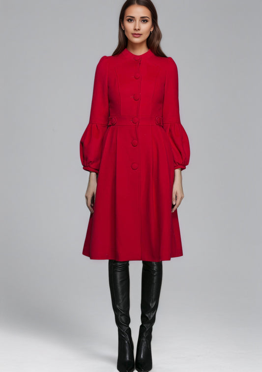 Vintage Red Wool Princess Coat – Bracelet Sleeves, Below-Knee, Pleated Skirt 6350