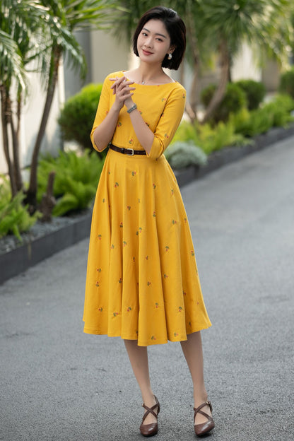 Yellow Linen Cotton Midi Dress – Vintage Fit & Flare with Pockets 6668 -Size XS #CK2600011