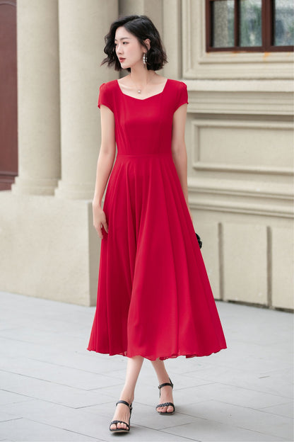Red Chiffon Midi Dress - Fit and Flare with Sweetheart Neckline 5176